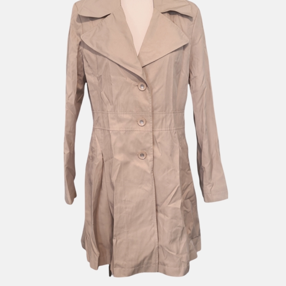 Via Spiga Tan Camel Pleated Wide Collar Mid Length Triple Button Trench Coat L